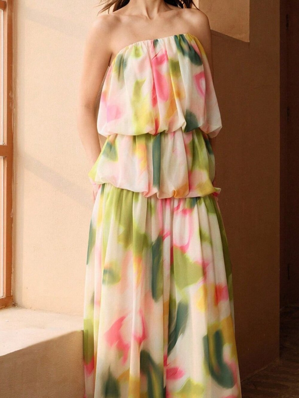 Multicolor Preppy Women's Floral Print Chiffon Sleeveless Tiered Maxi Dress - Picture 8 of 8